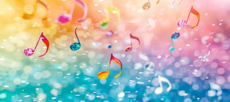 A vibrant, rainbow colored music staff with floating 3D musical notes in various colors. The blurred background enhances the dynamic composition, with soft lighting and copy space. AI generated.の素材