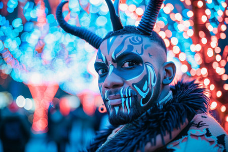 A young man with detailed skeletal face painting and black horns stares intently into the camera. the background is filled with fuzzy Halloween lights, creating a spooky atmosphere.の素材