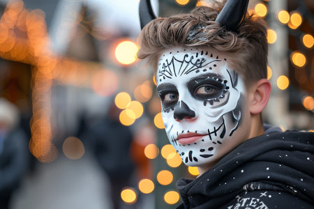 A young man with detailed skeletal face painting and black horns stares intently into the camera. the background is filled with fuzzy Halloween lights, creating a spooky atmosphere.の素材