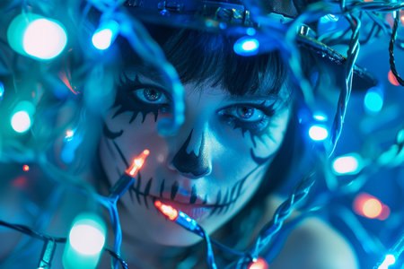 A young woman in a Swimsuit with detailed skeleton face paint and a black witchs hat stares intently into the camera. background is filled with fuzzy Halloween lights, creating a spooky atmosphere.の素材