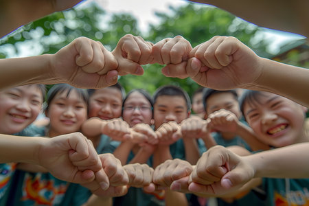 A group of people form a circle with their hands, fist bumping each other, symbolizing teamwork, unity, and collaboration. The focus is on the hands, with smiles visible in the blurred background.の素材