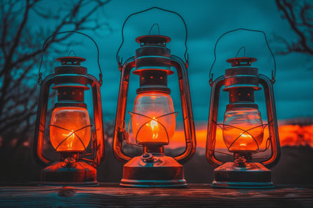 Three glowing lanterns of different sizes sit on a wooden surface, with a dark, eerie forest and a cloudy sunset in the background. The scene evokes a spooky Halloween atmosphere.の素材