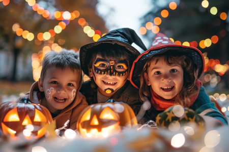 Three excited children dressed in Halloween costumes, including witches and spooky makeup, pose with glowing jack lanterns. Festive background features Halloween decorationsの素材