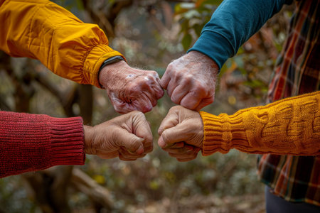 A group of people form a circle with their hands, fist bumping each other, symbolizing teamwork, unity, and collaboration. The focus is on the hands, with smiles visible in the blurred background.の素材