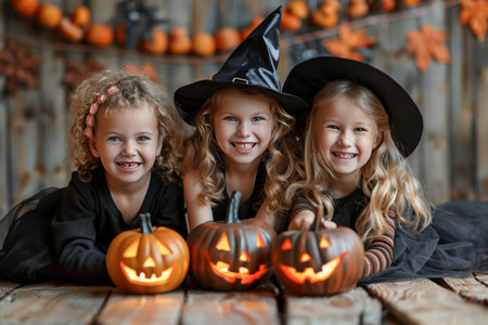 Three excited children dressed in Halloween costumes, including witches and spooky makeup, pose with glowing jack lanterns. Festive background features Halloween decorationsの素材