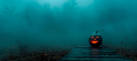 A glowing jack lantern with a sinister grin sits on a wooden platform against a dark, foggy background. The eerie atmosphere evokes a classic Halloween night, with clouds swirling in the distance.の素材