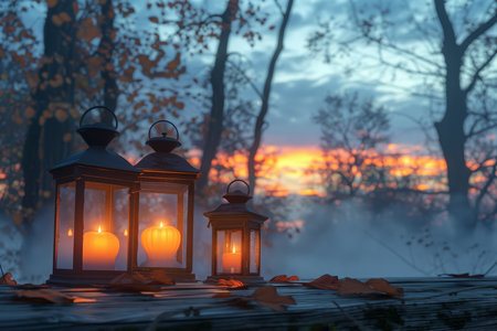 Three glowing lanterns of different sizes sit on a wooden surface, with a dark, eerie forest and a cloudy sunset in the background. The scene evokes a spooky Halloween atmosphere.の素材