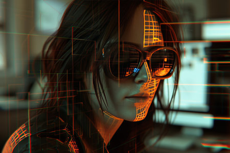 A mockup featuring a female face with a glitching anaglyph photo effect. The image gives a distorted, futuristic, and 3D visual style, perfect for modern and edgy designs.の素材
