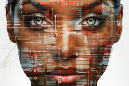 A mockup featuring a female face with a glitching anaglyph photo effect. The image gives a distorted, futuristic, and 3D visual style, perfect for modern and edgy designs.の素材