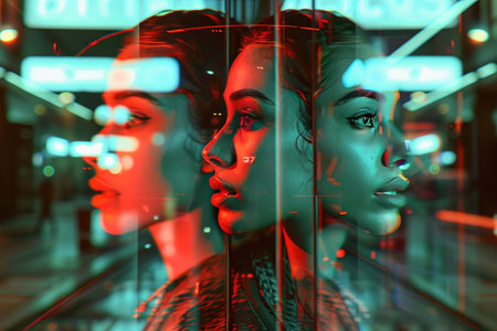 A mockup featuring a female face with a glitching anaglyph photo effect. The image gives a distorted, futuristic, and 3D visual style, perfect for modern and edgy designs.の素材