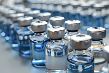 Medical vials move along a production line conveyor belt in a pharmaceutical healthcare factory that mass produces prescription medical vialsの素材