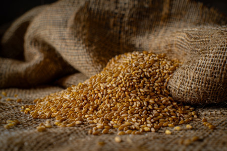 A rural still life featuring peeled buckwheat groats scattered on a burlap background. The image highlights the natural texture of the grains and fabric with selective focus, emphasizing rustic and organic elements.の素材