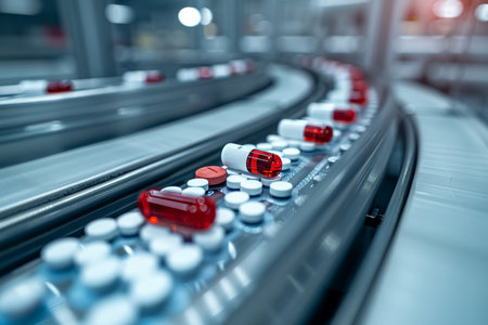 Medical vials move along a production line conveyor belt in a pharmaceutical healthcare factory that mass produces prescription medical vialsの素材