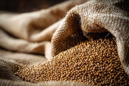 A rural still life featuring peeled buckwheat groats scattered on a burlap background. The image highlights the natural texture of the grains and fabric with selective focus, emphasizing rustic and organic elements.の素材