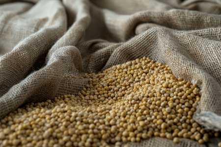 A rural still life featuring peeled buckwheat groats scattered on a burlap background. The image highlights the natural texture of the grains and fabric with selective focus, emphasizing rustic and organic elements.の素材