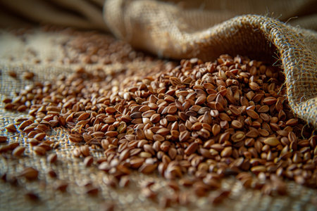 A rural still life featuring peeled buckwheat groats scattered on a burlap background. The image highlights the natural texture of the grains and fabric with selective focus, emphasizing rustic and organic elements.の素材