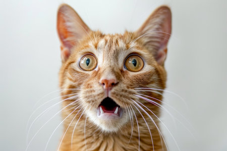 A close up of a ginger cat with wide eyes and an open mouth, expressing surprise or curiosity. The bright background enhances the cats vibrant orange fur and expressive face. Copy space available.の素材
