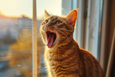 A close up of a ginger cat with wide eyes and an open mouth, expressing surprise or curiosity. The bright background enhances the cats vibrant orange fur and expressive face. Copy space available.の素材