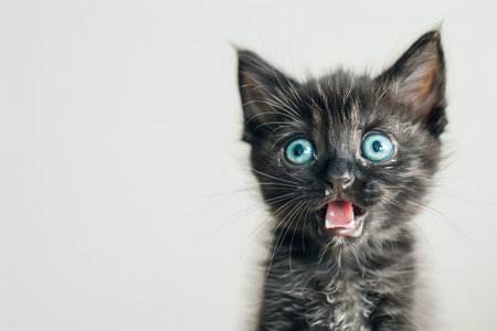 Close up of a black cat with wide eyes and open mouth expressing surprise or curiosity. A white background highlights the cats bright black fur and expressive faceの素材