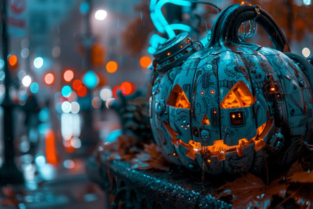 Halloween pumpkin foggy neon light background. A futuristic twist on the classic Halloween pumpkin, this cybernetic Jack o' Lantern features mechanical elements, glowing eyes, and intricate circuitry. The blend of technology and tradition creates a uniqueの素材