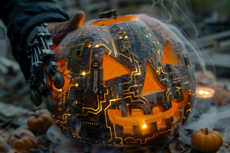 Halloween pumpkin foggy neon light background. A futuristic twist on the classic Halloween pumpkin, this cybernetic Jack o' Lantern features mechanical elements, glowing eyes, and intricate circuitry. The blend of technology and tradition creates a uniqueの素材