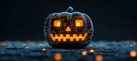 A futuristic twist on the classic Halloween pumpkin, this cybernetic Jack o' Lantern features mechanical elements, glowing eyes, and intricate circuitry. The blend of technology and tradition creates a unique, high tech Halloween vibeの素材
