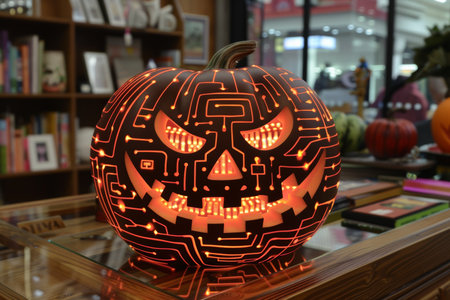 A futuristic twist on the classic Halloween pumpkin, this cybernetic Jack o' Lantern features mechanical elements, glowing eyes, and intricate circuitry. The blend of technology and tradition creates a unique, high tech Halloween vibeの素材