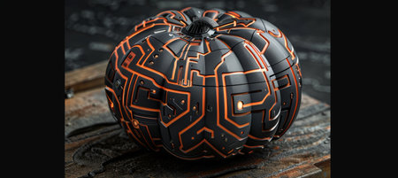 A futuristic twist on the classic Halloween pumpkin, this cybernetic Jack o' Lantern features mechanical elements, glowing eyes, and intricate circuitry. The blend of technology and tradition creates a unique, high tech Halloween vibeの素材