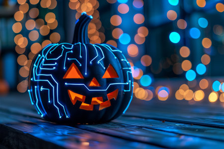 Halloween pumpkin foggy neon light background. A futuristic twist on the classic Halloween pumpkin, this cybernetic Jack o' Lantern features mechanical elements, glowing eyes, and intricate circuitry. The blend of technology and tradition creates a uniqueの素材