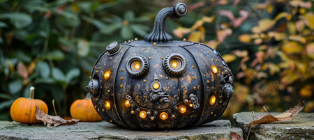 A futuristic twist on the classic Halloween pumpkin, this cybernetic Jack o' Lantern features mechanical elements, glowing eyes, and intricate circuitry. The blend of technology and tradition creates a unique, high tech Halloween vibeの素材