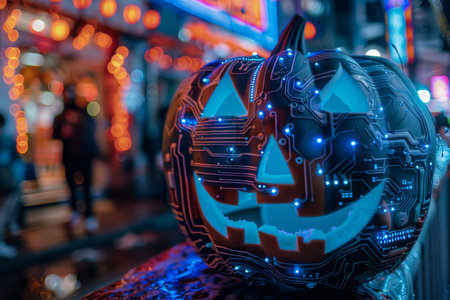 Halloween pumpkin foggy neon light background. A futuristic twist on the classic Halloween pumpkin, this cybernetic Jack o' Lantern features mechanical elements, glowing eyes, and intricate circuitry. The blend of technology and tradition creates a uniqueの素材