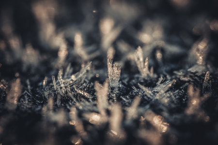 Macro of ice crystals on the ground in winter. Shallow depth of field.の写真素材