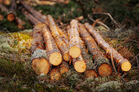 Pile of pine tree trunks in the forest, close upの写真素材