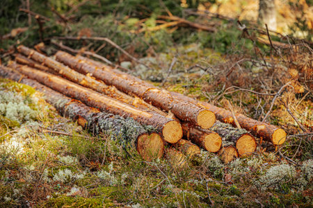 Pile of pine tree trunks in the forest. Close up.の写真素材