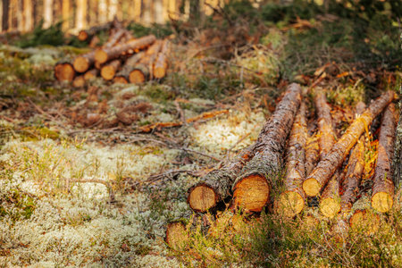 Pile of pine tree trunks in the forest. Natural backgroundの写真素材