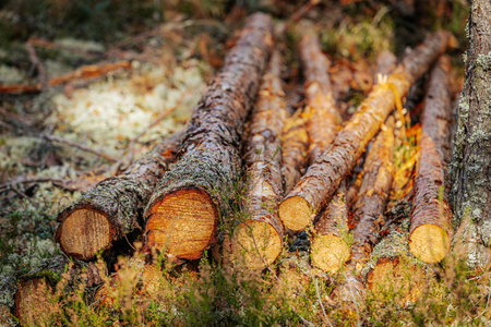 pile of pine tree trunks in forest, nature series.の写真素材