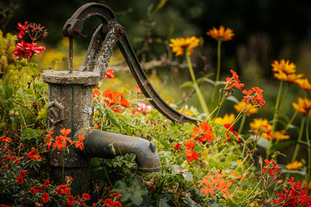 Old rusty water tap in the garden with red and yellow flowers.の写真素材