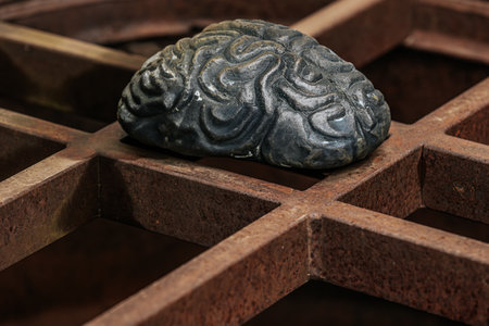 Close-up of a stone in the shape of a human headの写真素材