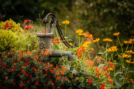 Old rusty water pump in the garden with red and yellow flowers.の写真素材