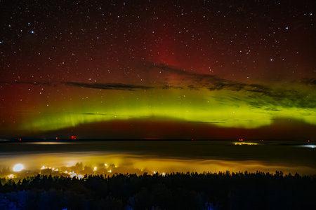 Aurora borealis, northern lights, northern lights over the lakeの写真素材