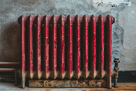 A classic red radiator against a gray wall, placed on a wooden floor, showcasing a clean and modern home interior. The radiator is central to heating in cooler climatesの素材