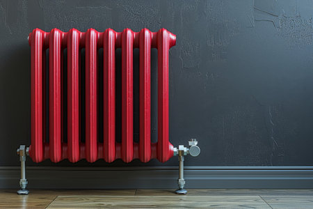 A classic red radiator against a gray wall, placed on a wooden floor, showcasing a clean and modern home interior. The radiator is central to heating in cooler climatesの素材