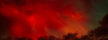 Red starry night sky with stars and nebula. 3D illustrationの写真素材