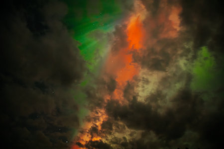 Aurora borealis, northern lights in the night sky.の写真素材