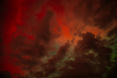 Red sky with clouds and stars. Night sky with clouds and starsの写真素材
