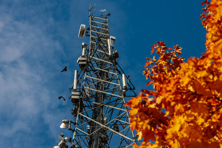 Telecommunication tower with antennas and birds on the background of autumn leavesの写真素材