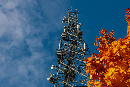Telecommunication tower with multicolored autumn leaves on blue sky backgroundの写真素材