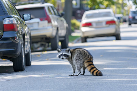 A raccoon stands in the middle of an asphalt road, stopping a car. The scene captures a moment of wildlife interaction in an urban setting, with some empty roadの素材