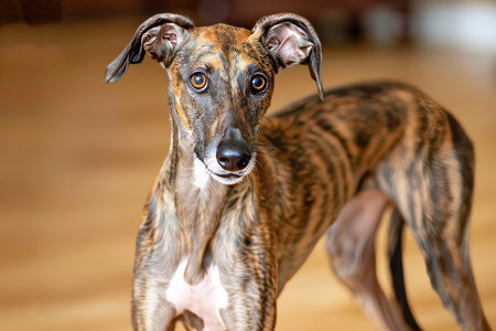 A brindle dog stands on a wooden floor, chewing on a treat in a bright living room. The scene captures a relaxed moment of the pet enjoying a snack in a cozy, homey environment.の素材