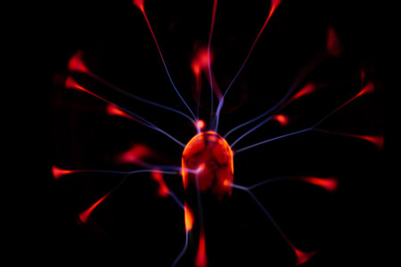 3D illustration of neuron cell with electrical pulses, computer generated abstract backgroundの写真素材